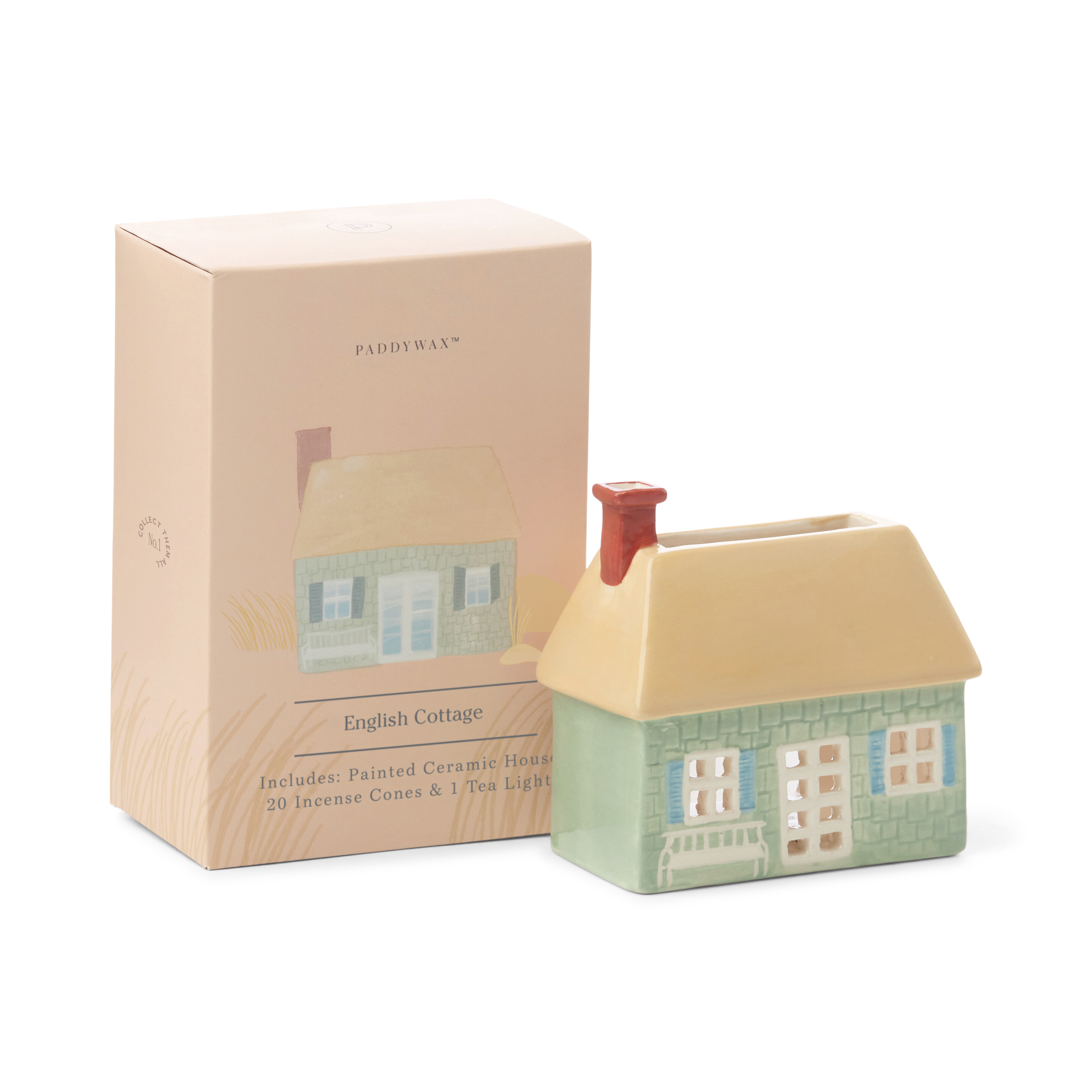 Căsuță din ceramică Paddywax ENGLISH COTTAGE cu 1 ceainic și 20 buc. conuri Palo Santo