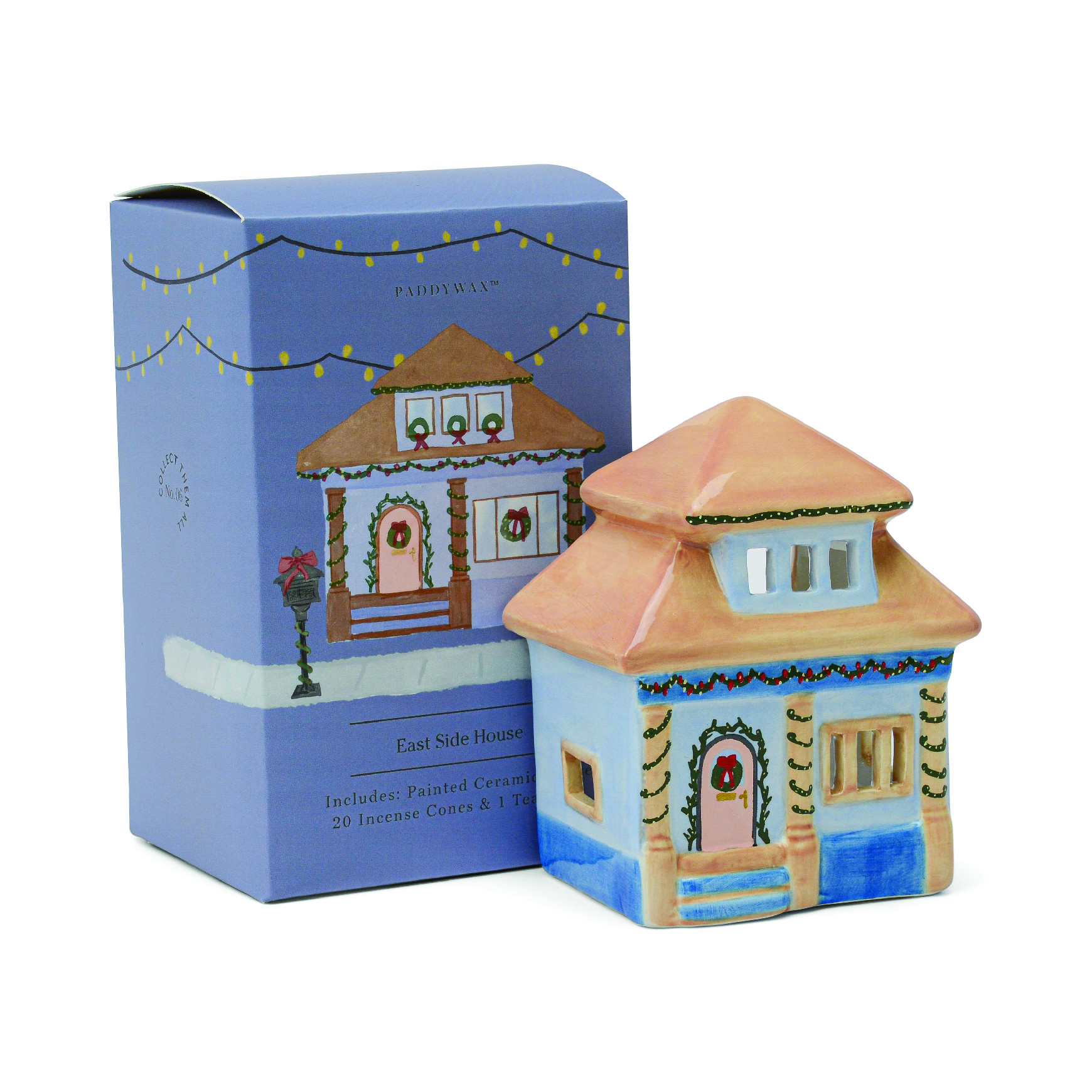 Paddywax Incense No.06 East Side House - casă din ceramică cu miros de Palo Santo (conține 1 lumânare de ceai + 20 conuri de tămâie)